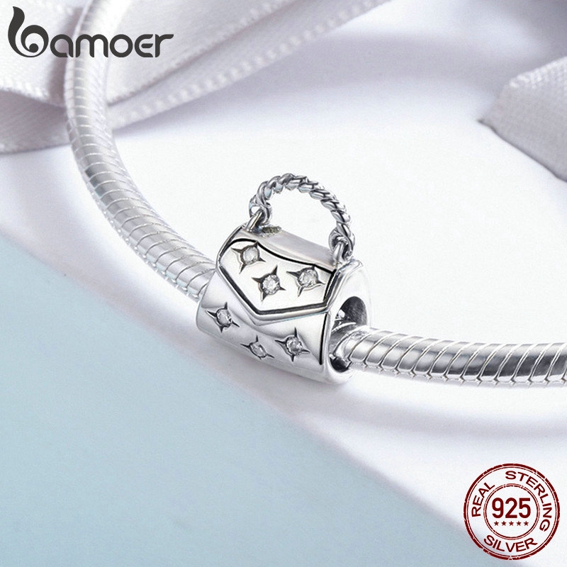 Hạt charm Bamoer hình túi xách bằng bạc 925 xinh xắn làm vòng tay dây chuyền dành cho nữ