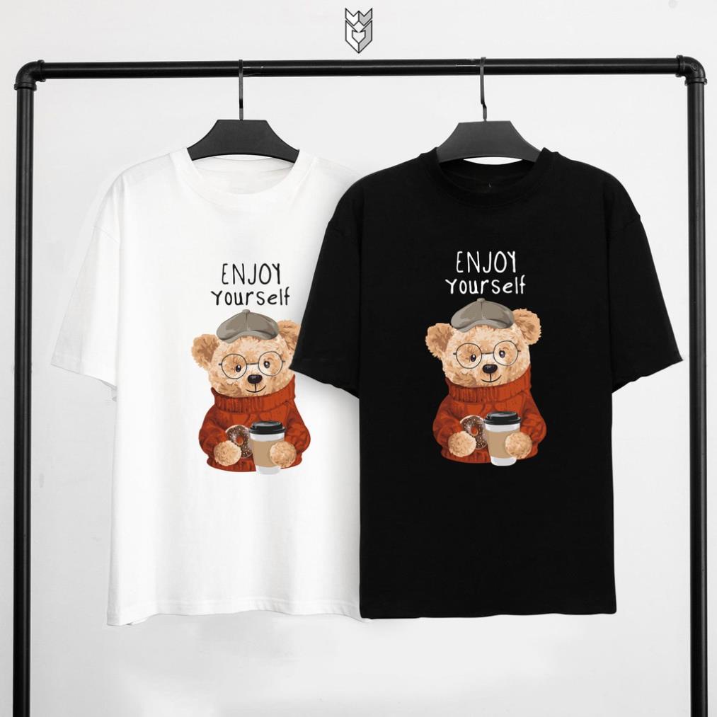 Áo thun unisex tay lỡ in gấu Enjoy coffee cực đẹp, áo thun nam nữ form rộng vải đẹp - GW Shop