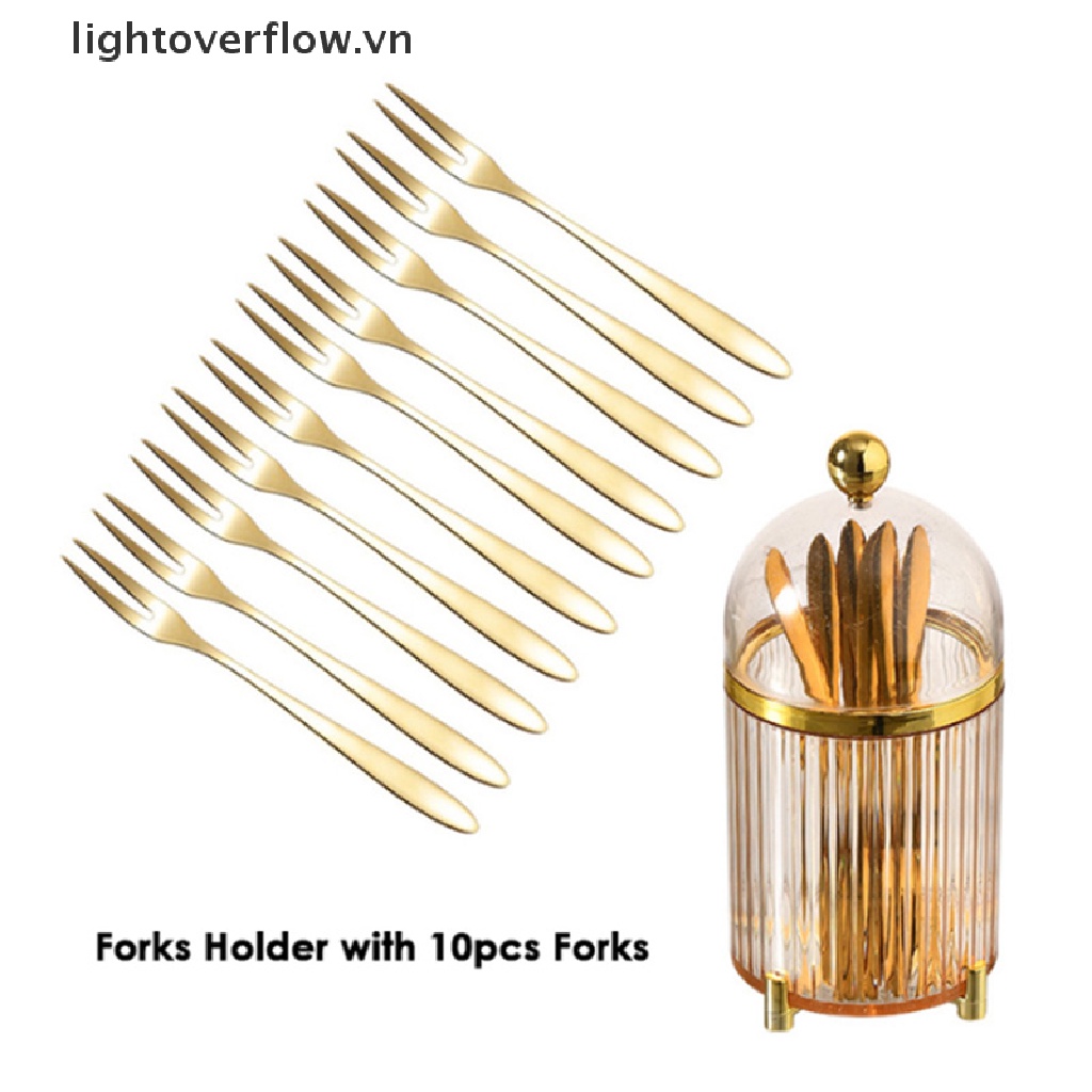 Set 10 Nĩa Ăn Trái Cây / Bánh Tráng Miệng Bằng Thép Không Gỉ Màu Vàng Kèm Hũ Đựng