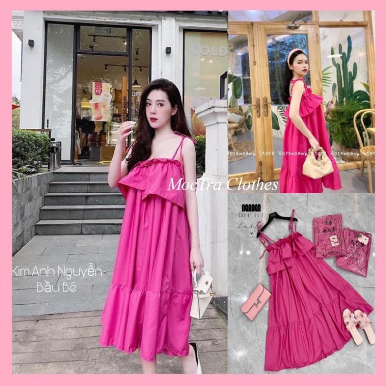 Đầm maxi hai dây suông bèo thắt nơ vai tiểu thư siêu xinh, Váy xuông nữ dáng dài đẹp giá rẻ phù hợp đi biển đi chơi new