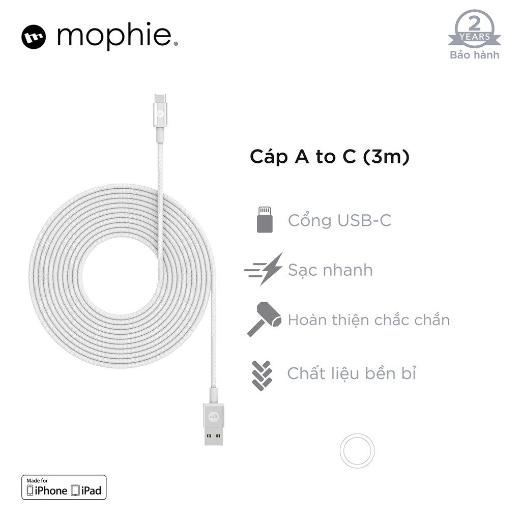 Cáp USB A to USB-C Mophie 3m - bện nylon chống rối
