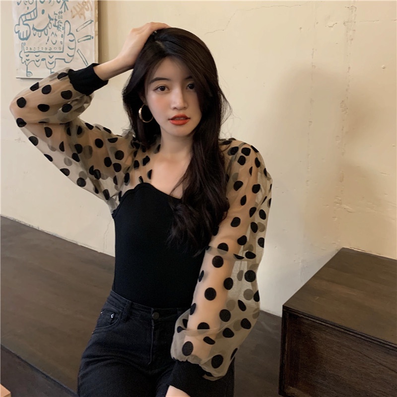 Áo Sơ Mi Cổ Vuông Tay Phồng Họa Tiết Chấm Bi Thời Trang Mùa Thu Mới Cho Nữ