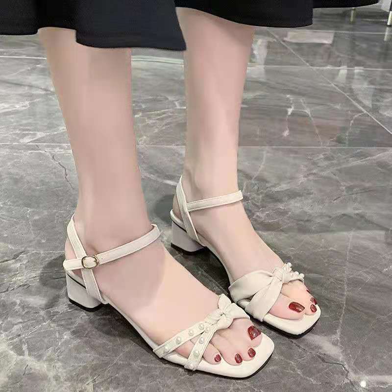 Sandal Cao Gót Dễ Thương Dế Vuông 5 Phân Hở Mũi Mũi Vuông Quai Chéo Phong Cách Hàn Quốc