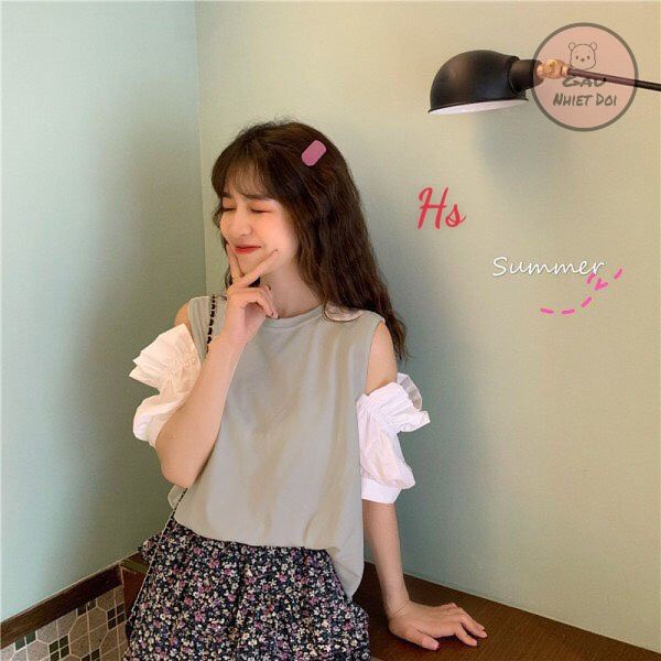 Váy Borip Phối Tay Phồng Hở Vai Kiểu Dáng Tiểu Thư Hai Freesize Màu Đen/Xám