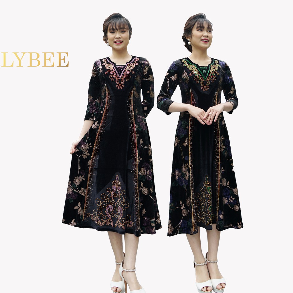 [Mã WABRWA15 giảm 15% đơn 300K] Váy đầm trung niên LYBEE chất nhung nhám co dãn dáng xòe trung tuổi mã 570