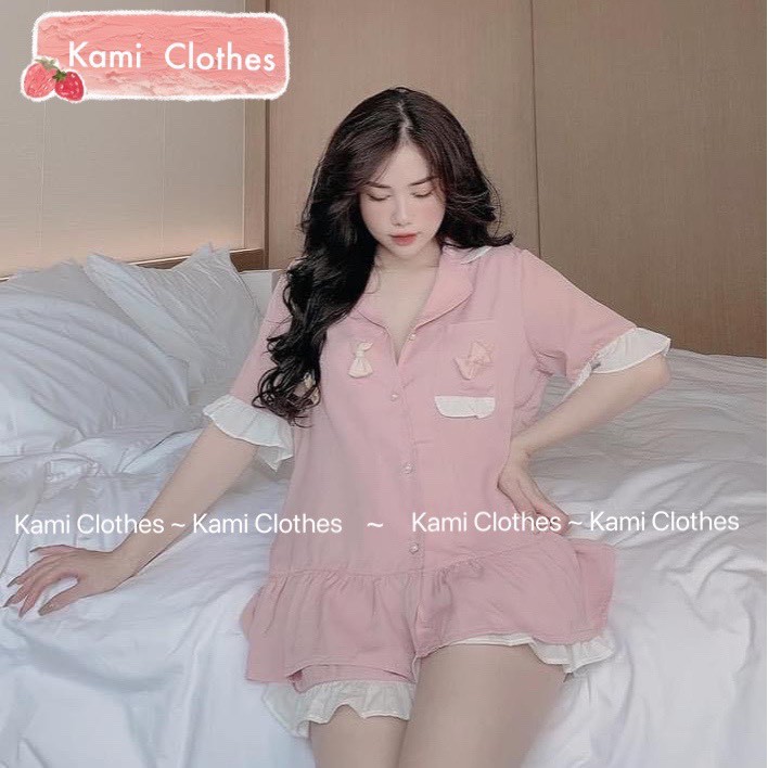 Set áo babydoll lụa nơ viền bèo và quần đùi tiểu thư bánh bèo Ulzzang, bộ ngủ nữ lụa cao cấp - KAMI Clothes | BigBuy360 - bigbuy360.vn