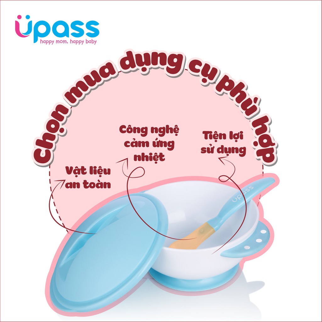 [Kèm nắp đậy và thìa ăn dặm báo nóng] Bát ăn dặm chống đổ Upass đế hút chân không