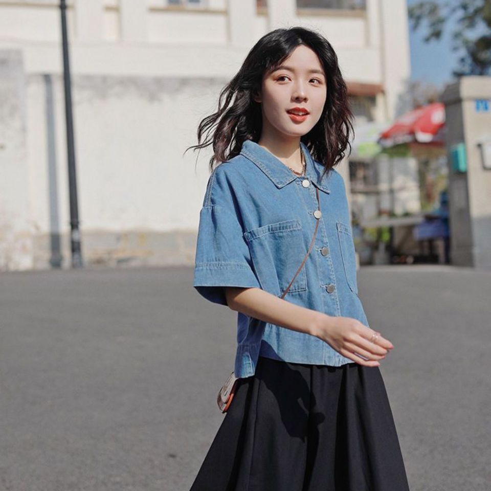 Áo Sơ Mi Denim Tay Ngắn Dáng Rộng Thời Trang Mùa Hè Phong Cách Hàn Quốc Mới Cho Nữ