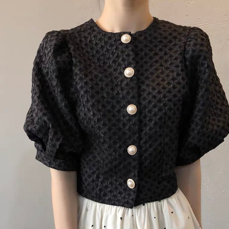 Áo kiểu nữ phong cách retro tay phồng cổ tròn cúc ngọc ,phong cách Hàn Quốc thòi trang DUMI