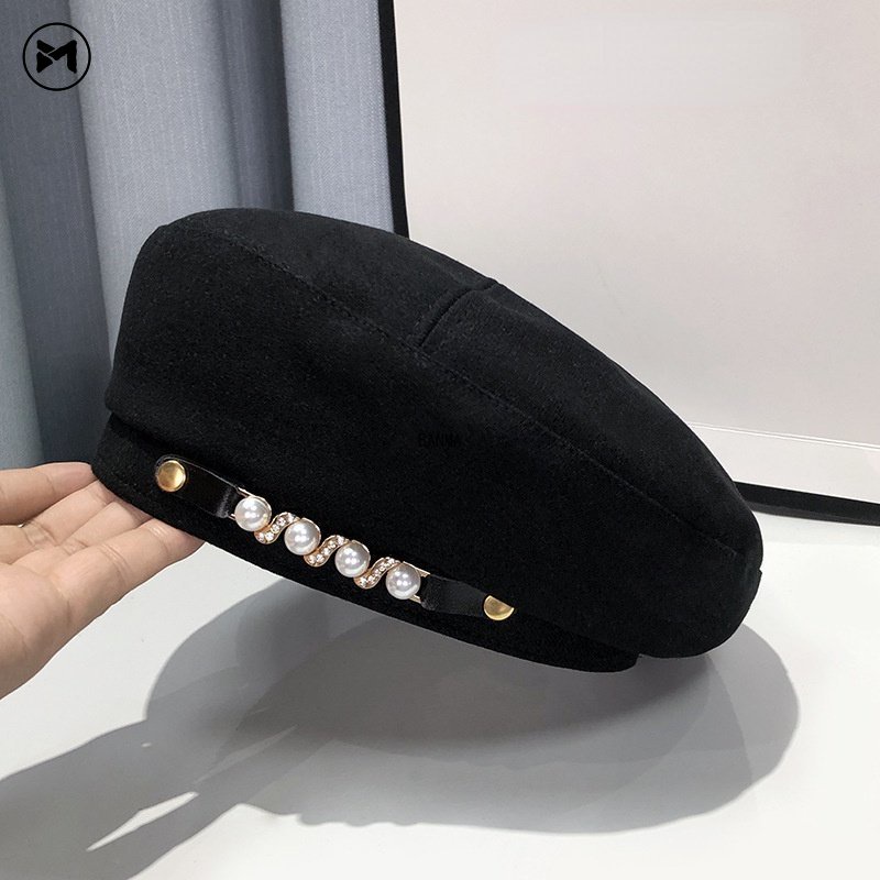 Mũ Beret Phối Khóa Kim Loại Đính Ngọc Trai Phong Cách Hàn Quốc Xinh Xắn Cho Bé
