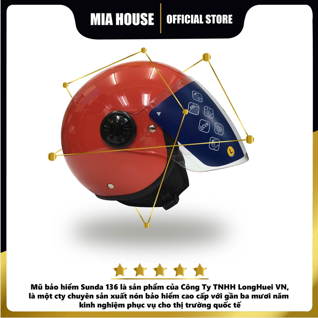 Mũ bảo hiểm 3/4 SUNDA 228 phù hợp cho nữ hoặc nam vòng đầu trung bình, kính trong hoặc trà, lót mũ tháo giặt - đủ màu
