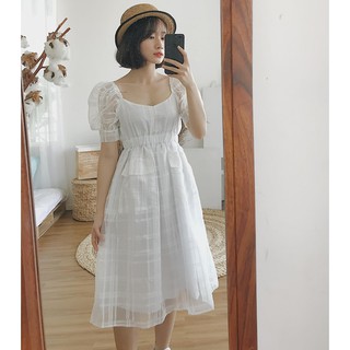 Đầm tay phồng kẻ sọc midi
