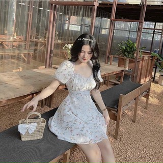 Đầm hoa nhíu ngực viền bèo cutout lưng
