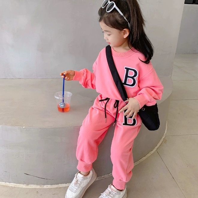 Đồ bộ bé gái, Set quần áo thu đông phông nỉ thêu chữ B cho bé gái từ 7 đến 18 kg, SUN KID'S