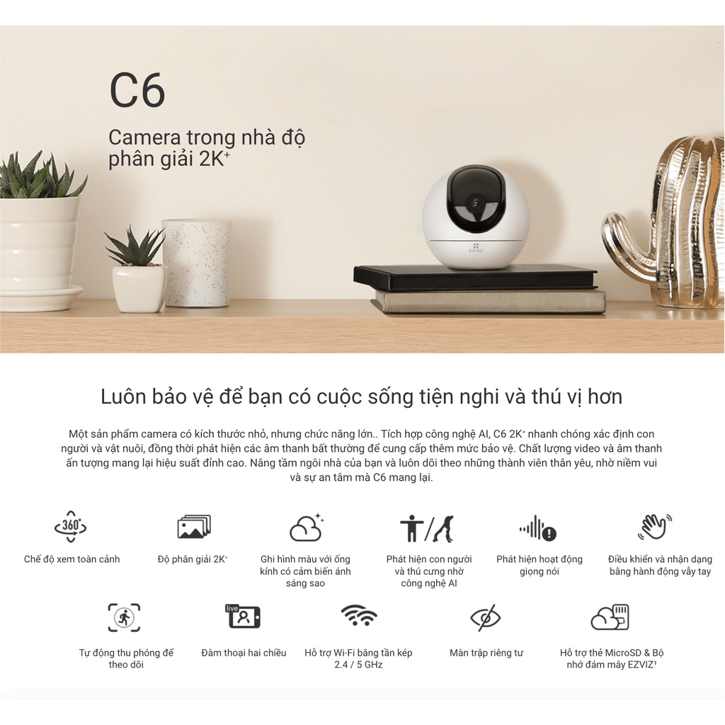 Camera xoay 360 độ Ezviz C6 phiên bản 2K, camera wifi trong nhà độ nét cao, nhận diện cử chỉ, wifi 2 băng tần