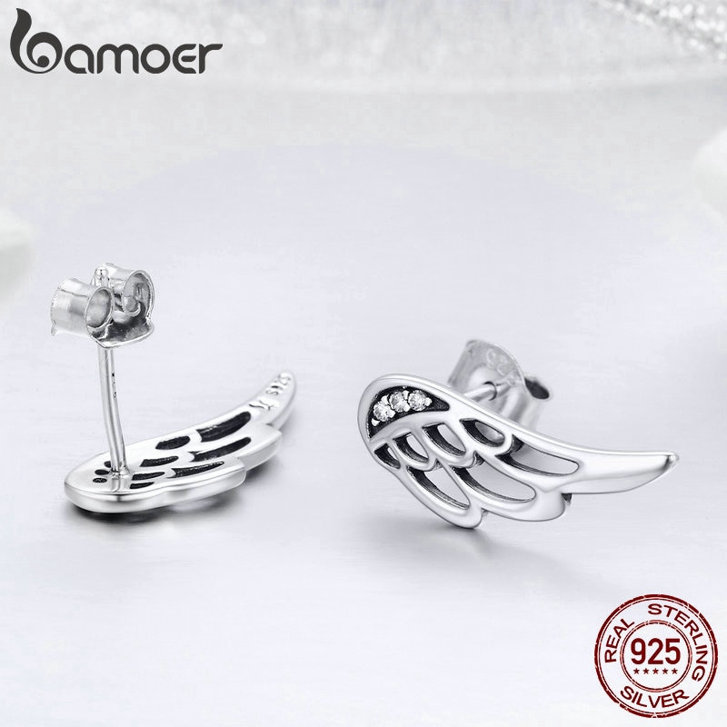 Bông tai Bamoer bằng bạc S925 hình dạng đôi cánh lông vũ thời trang dành cho nữ