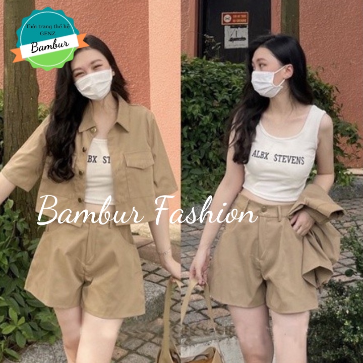 Set bộ 3 món áo khoác tay lỡ ,quần short chất liệu kaki kèm áo thun ba lỗ croptop thời trang Bambur