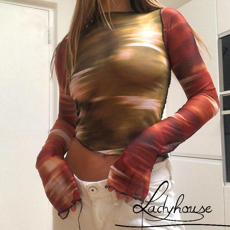 Áo Thun Tay Dài Dáng Ôm In Họa Tiết Trừu Tượng Dành Cho Nữ