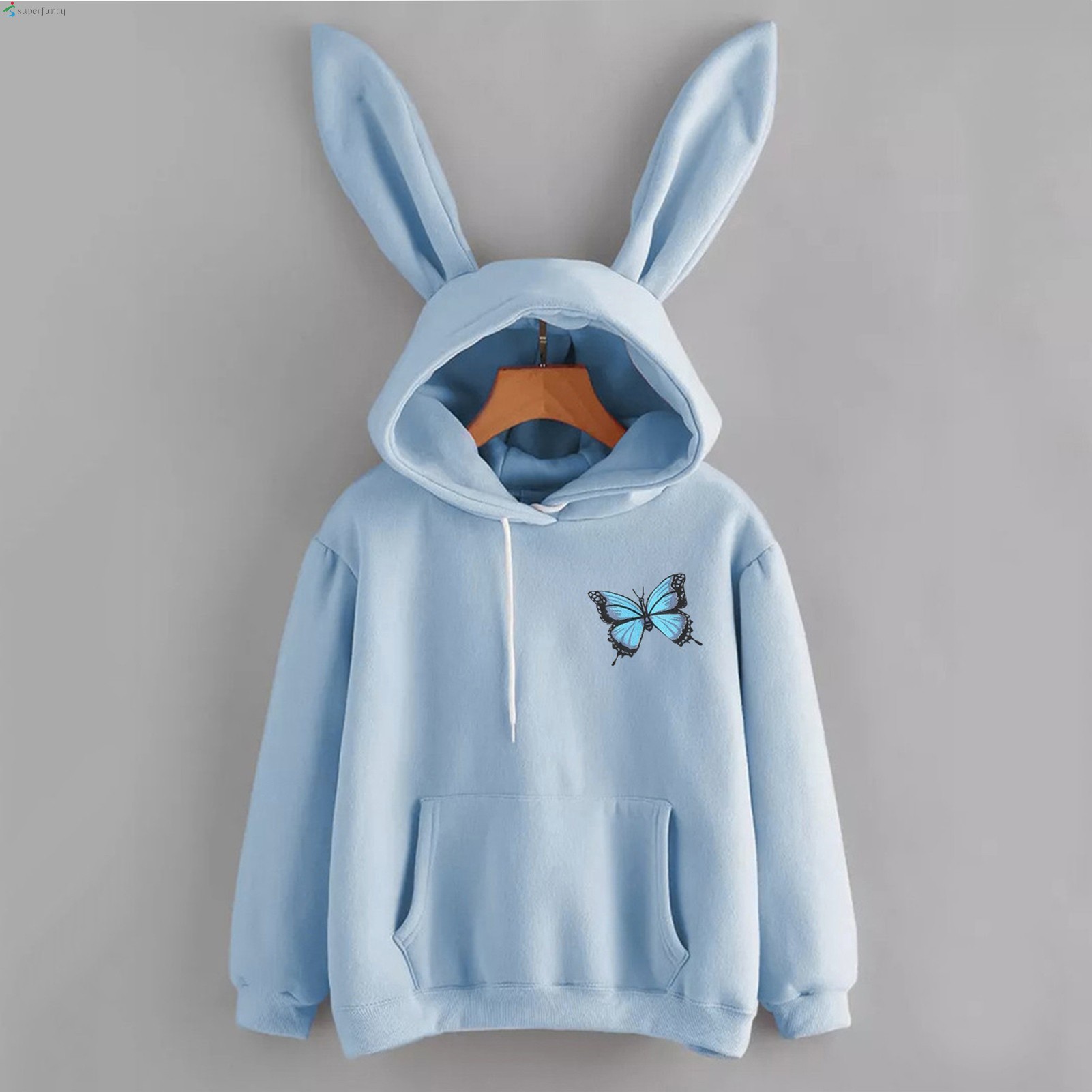 Women Long Sleeve Rabbit Hooded Sweatshirt Butterfly Print Bunny Ear Pullover Tops for Autumn Winter