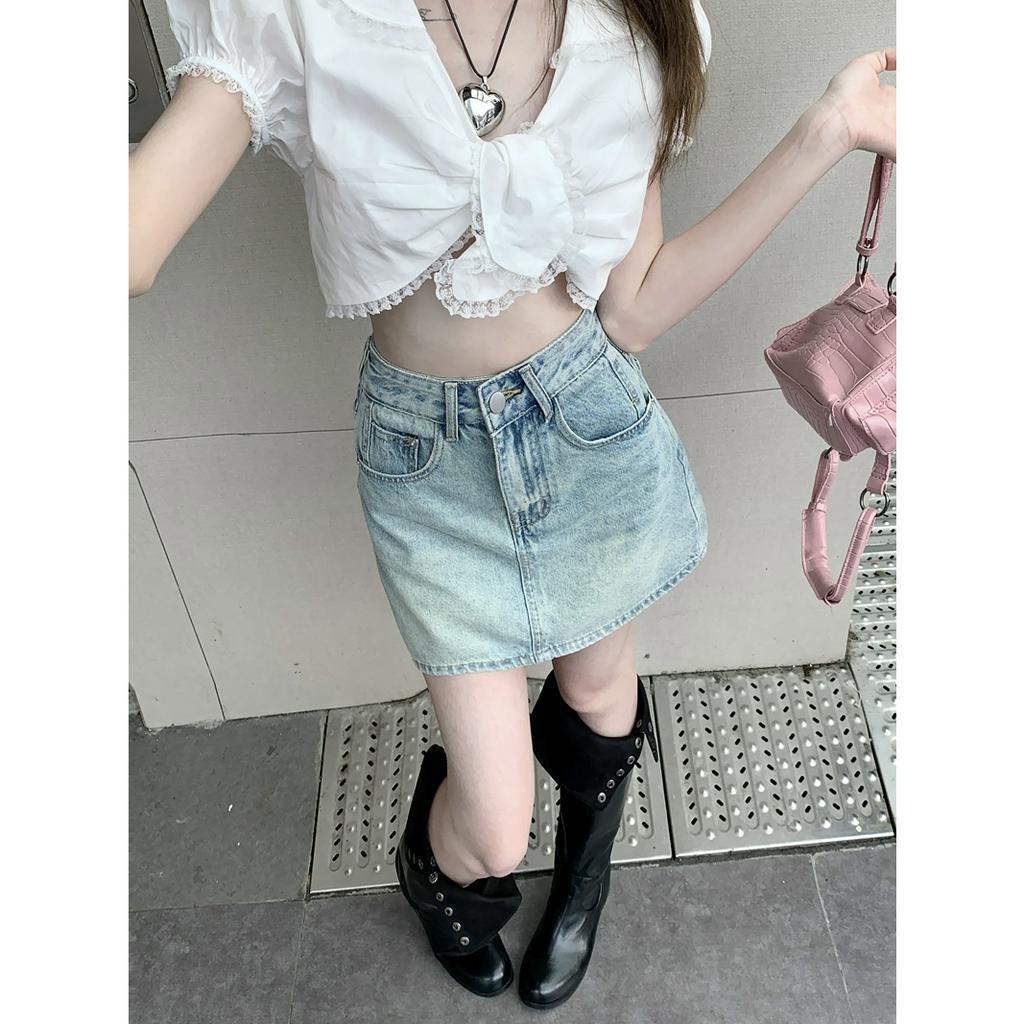 「MOTEL7」Chân Váy Denim Chữ a Lưng Cao Phối Túi Sau Lưng Thời Trang