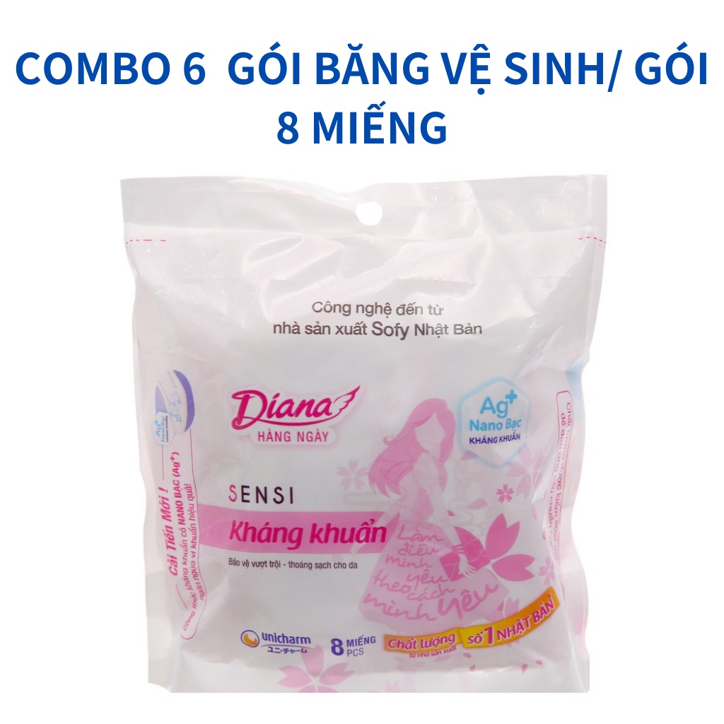 Combo 6 gói băng vệ sinh Diana Sensi kháng khuẩn 8 miếng