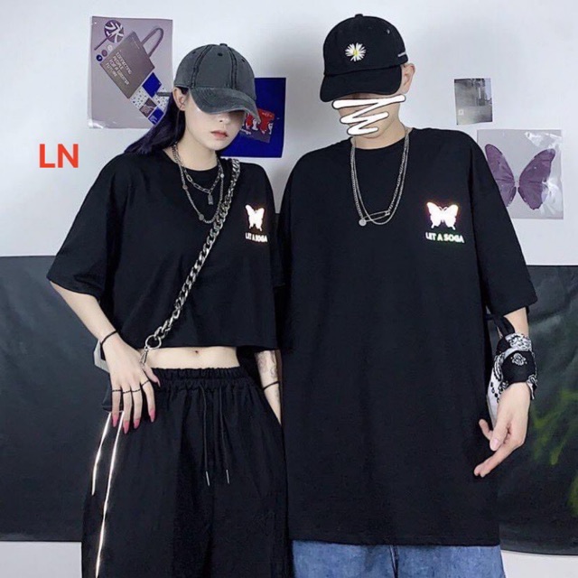 Áo đôi lô gô phản quang bướm (croptop+ thụng)LN12