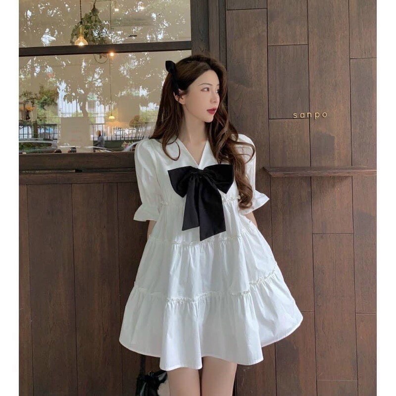 [8.8 Sales Freeship] Đầm tiểu thư, đầm trắng babydoll cổ v đính nơ đen to