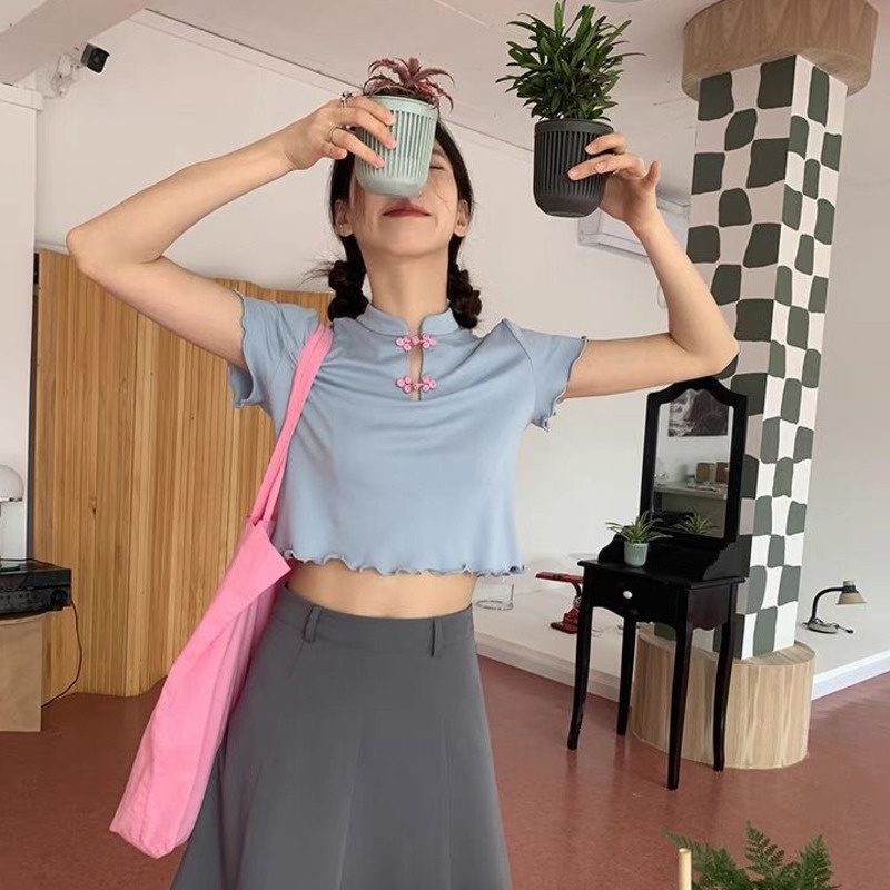 Áo Thun Ngắn Tay Dáng Ôm Phối Nút Thời Trang Mùa Hè Phong Cách Mới Cho Nữ