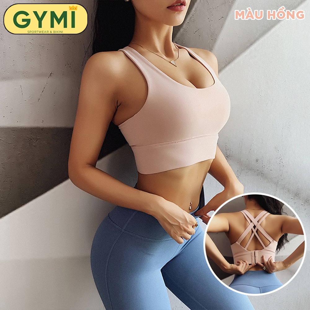 Áo bra tập gym yoga nữ GYMI AL23 khoá cài sau thể thao chất thun poly cao cấp dây đan chéo nâng đỡ ngực