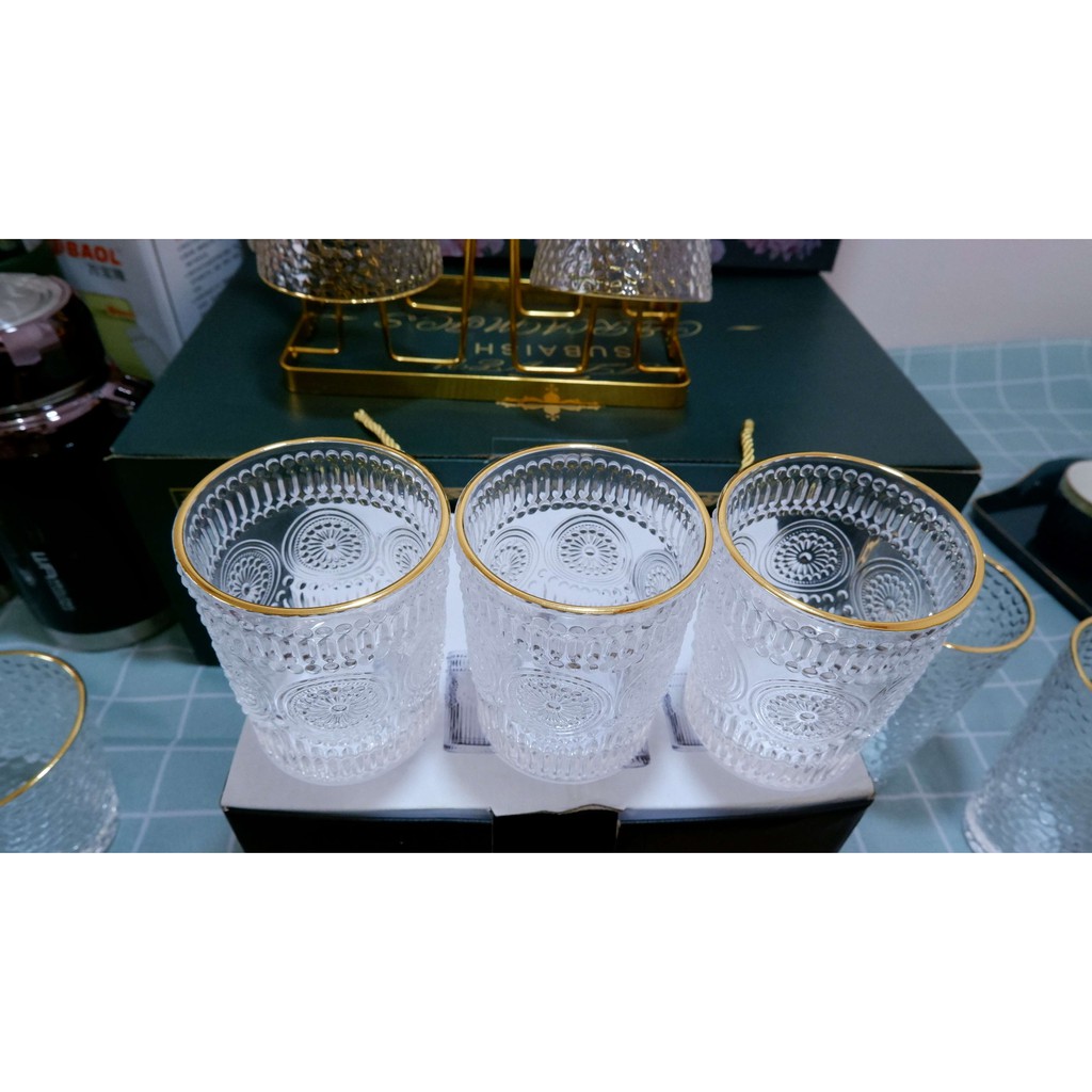 Bộ cốc Thủy Tinh RETRO mạ vàng chịu nhiệt cao cấp,họa tiết nổi,siêu sang kiểu dáng Bắc Âu