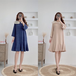 Váy suông len tăm phối cổ nơ, đầm đuôi cá form rộng tay dài freesize 2 màu xanh,be mã V17 - Michi's House