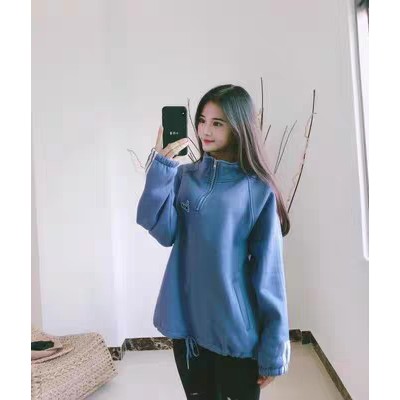 (Sẵn L, 2XL) Áo sweater nỉ unisex nam nữ cổ cao kéo khóa có lót lông ấm mặc đông phong cách thể thao ulzzang