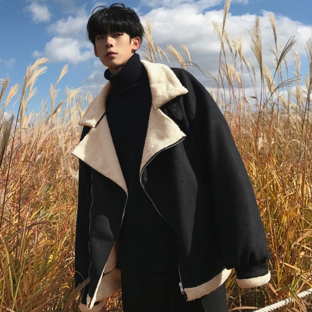 Áo khoác Ulzzang lót lông cừu dáng rộng phong cách Hàn Quốc