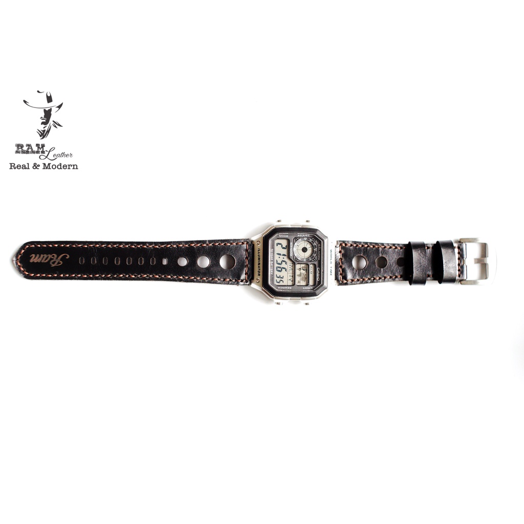 Dây Đồng Hồ Da Bò Thật Rất Đẹp Đen Tuyền 3 Lỗ Thoáng Khí - Ram D2 Black - Cho Casio Ae1200 / Seiko 5 / Orient Sk