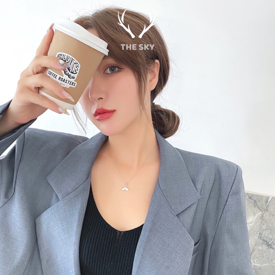 Vòng cổ nữ DC1003 mặt hình đuôi cá đính đá xinh xắn, dây chuyền bạc hàng thiết kế The Sky