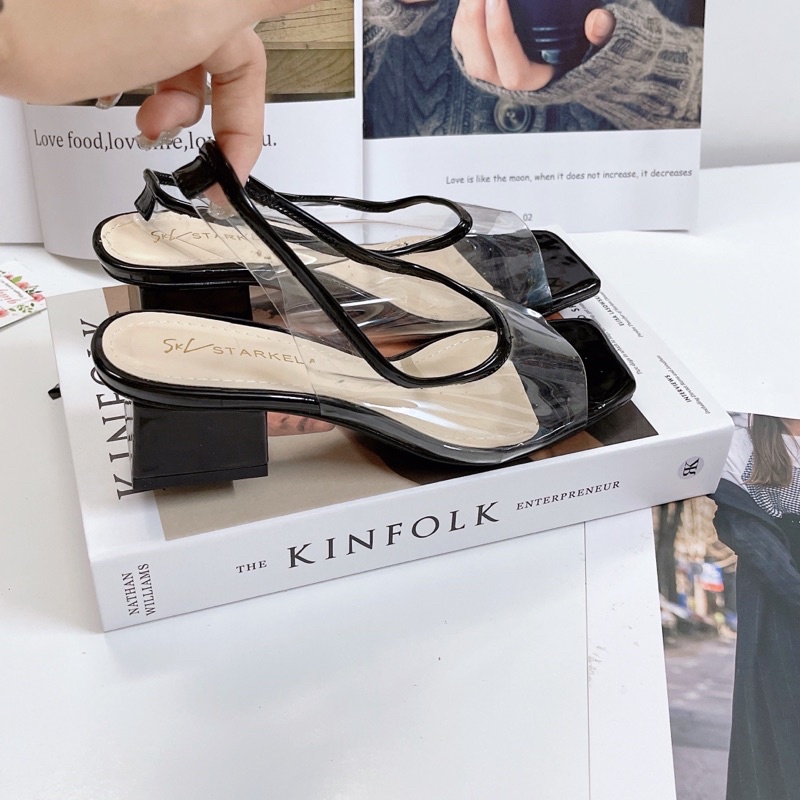 Sandal quai mica hở mũi vuông gót da bóng 3p