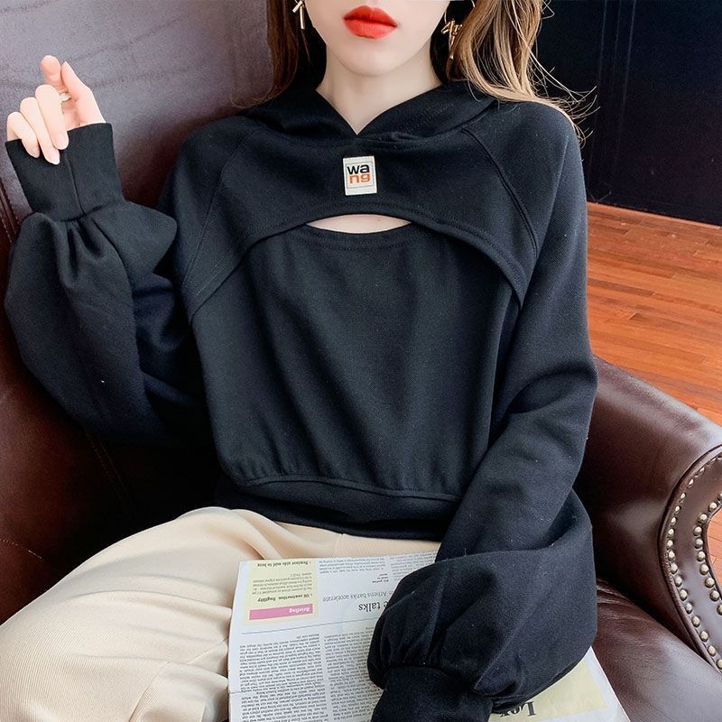 Áo Hoodie Giả Hai Lớp Dáng Rộng Ngắn Lưng Cao Phong Cách Hàn Quốc Thời Trang Mùa Thu Mới