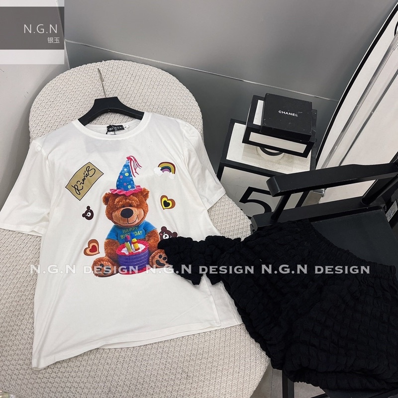 Sét áo phông gấu nơ đen + quần xù