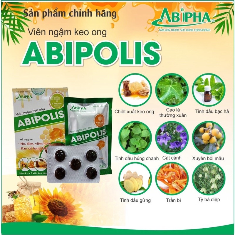 viên ngậm keo ong abipolis kẹo ngậm (hỗ trợ giảm ho, đờm, viêm họng, đau rát họng, khản tiếng )20 viên
