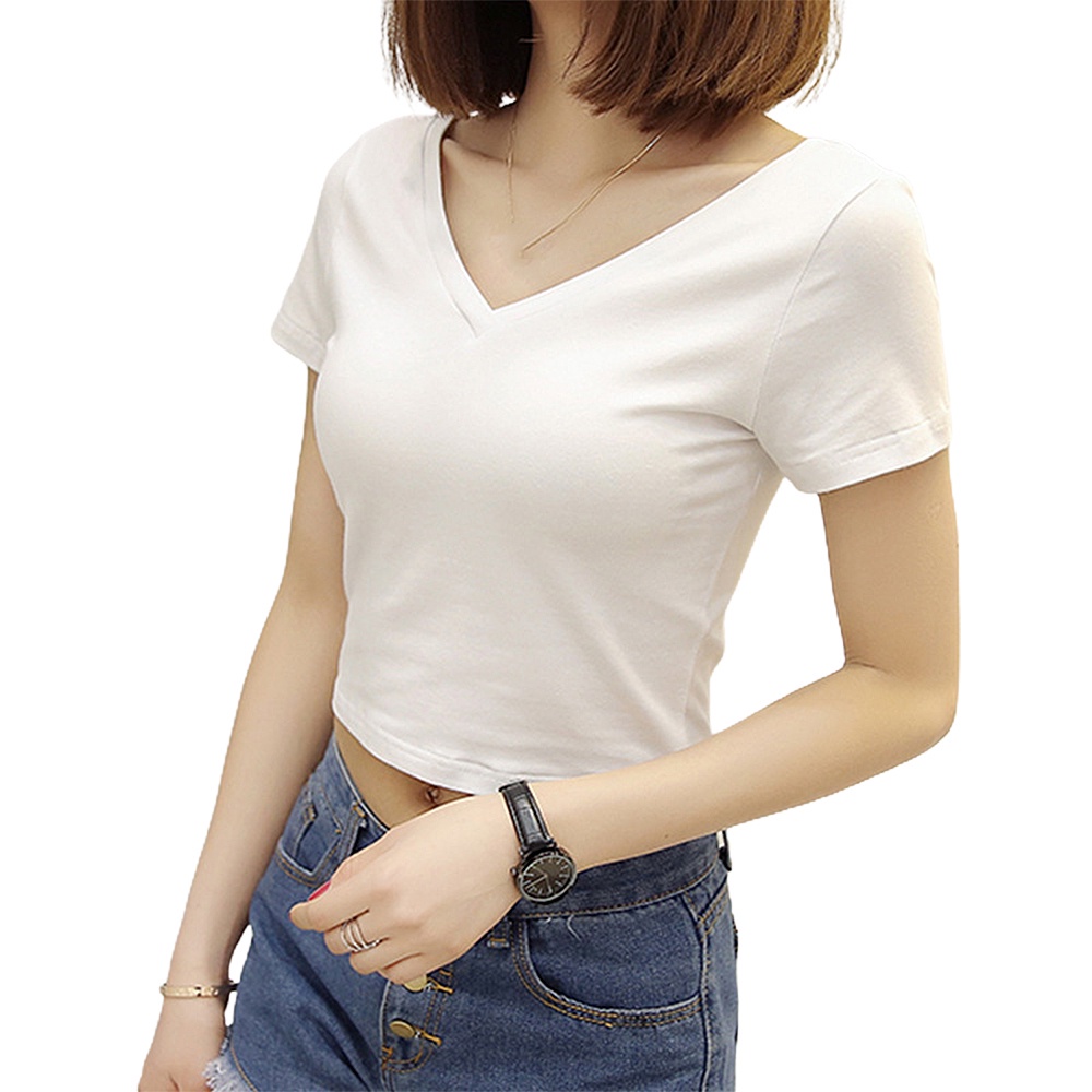 Áo thun tay ngắn cổ chữ V màu trắng/ đen thiết kế đơn giản cho nữ