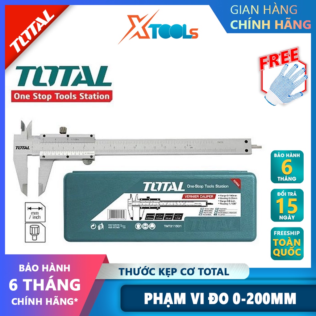 Thước kẹp cơ 200mm TOTAL TMT312001 Thước kẹp chất liệu thép carbon, đóng gói bằng hộp nhựa [CHÍNH HÃ