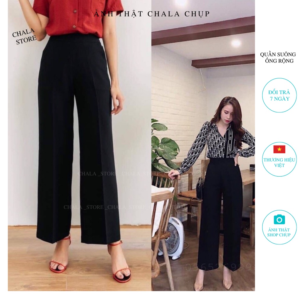 Quần ống rộng nữ lưng cao khóa sườn dáng suông dài phong cách công sở đi học