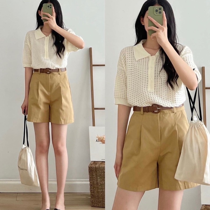 Quần Đùi Kaki Basic Dáng Lửng Kèm Thắt Lưng