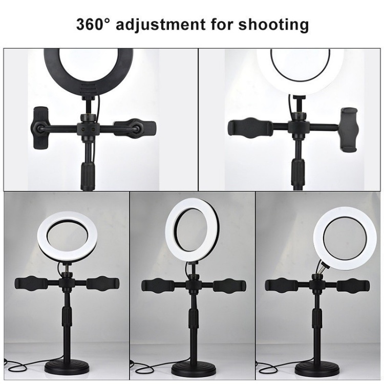 Đèn Livestream Để Bàn 3 Chế Độ Sáng - Kẹp 2 Điện Thoại Có Đèn Hỗ Trợ, Quay Tiktok, Make Up