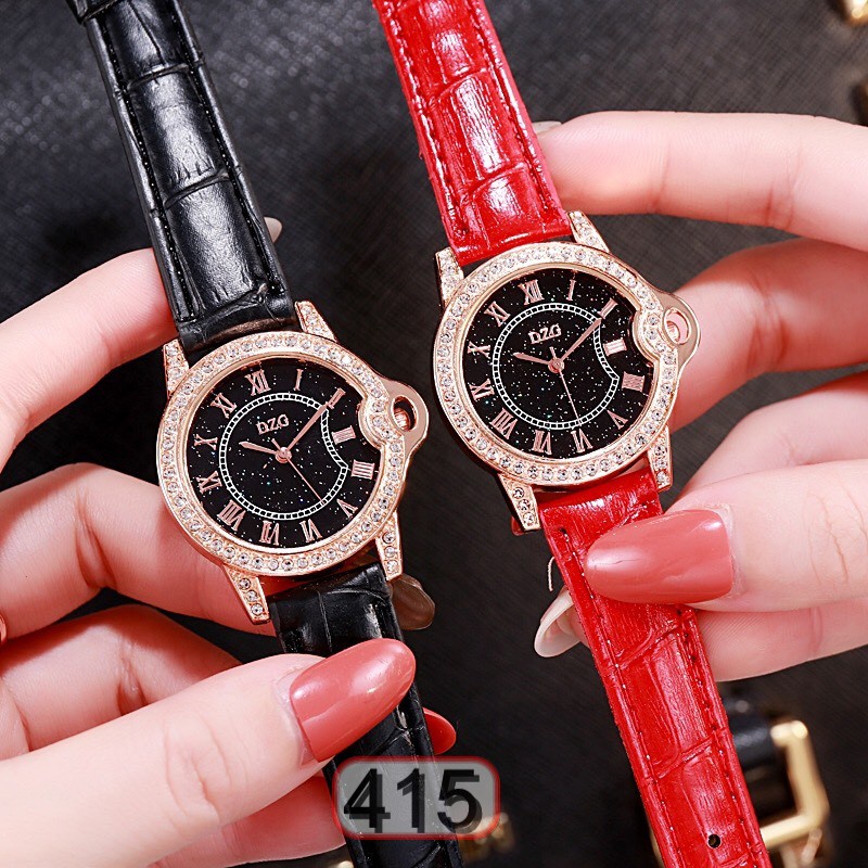 Đồng Hồ Nữ Dây Da Dzg Mặt Tròn Đính Ngọc Nhân Tạo 415 Lyly Sang Chảnh Cực Hot - Hazo