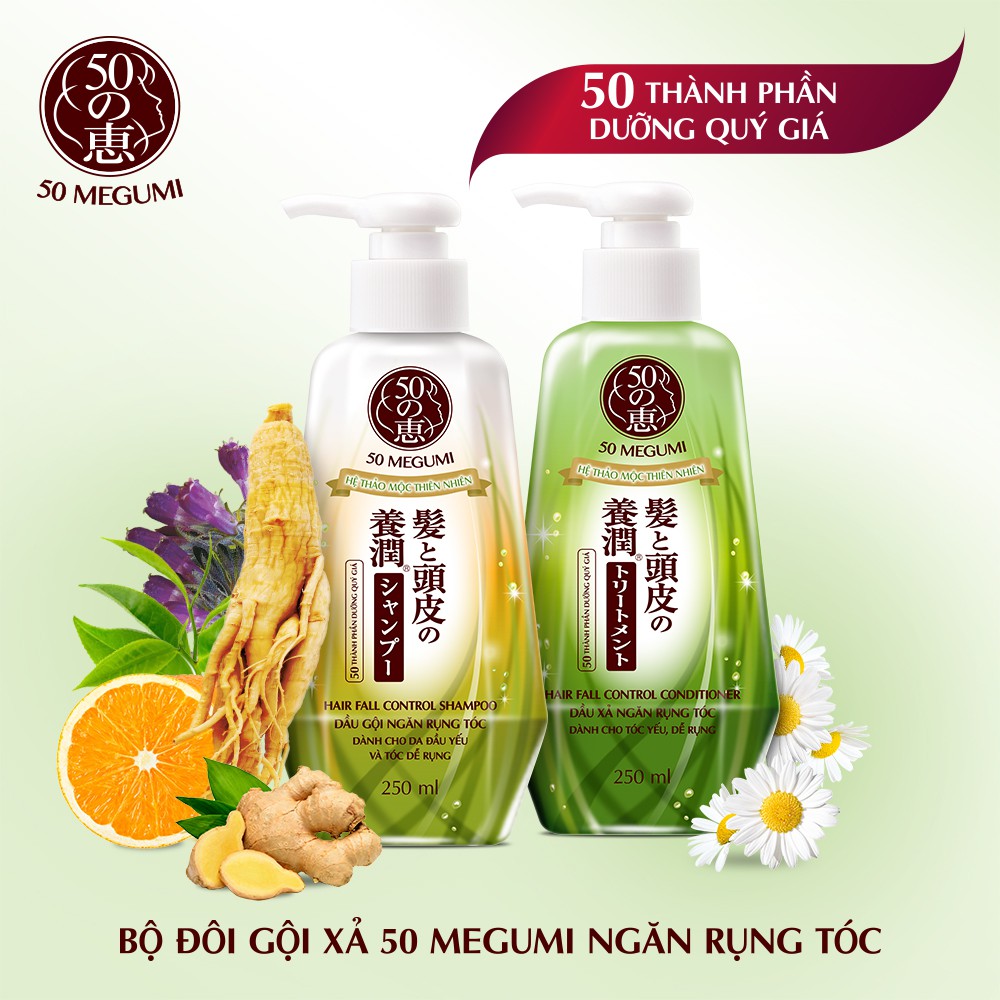 Hộp quà ngăn rụng tóc 50 Megumi Hair Fall Control (Dầu Gội 250ml + Dầu Xả 250ml) + Túi da họa tiết vintage 50 Megumi