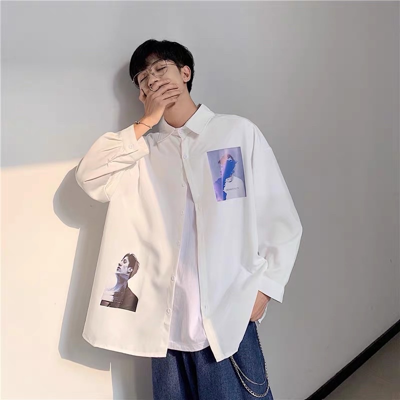 Áo SƠMI nam, trắng, phối hình, tay dài, ulzzang, freesize - CÓ SẴN - KÈM ẢNH THẬT