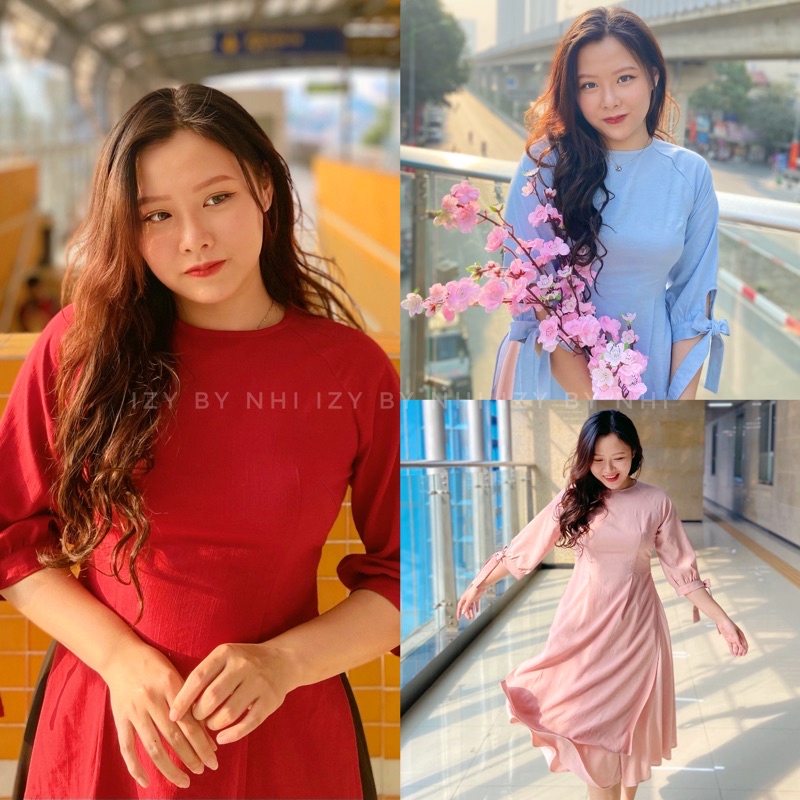 ÁO DÀI BIGSIZE TAY NƠ CỔ TRÒN (KÈM CHÂN VÁY) - IZYBYNHI