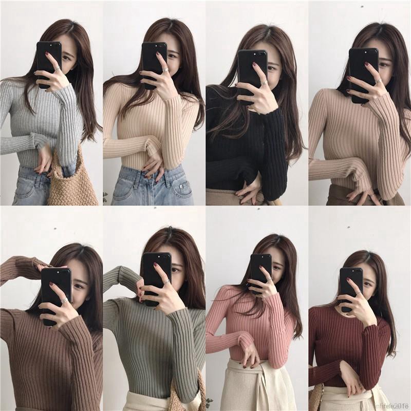 Áo len dệt kim tay dài cổ tròn có độ co giãn tốt thời trang dành cho nữ