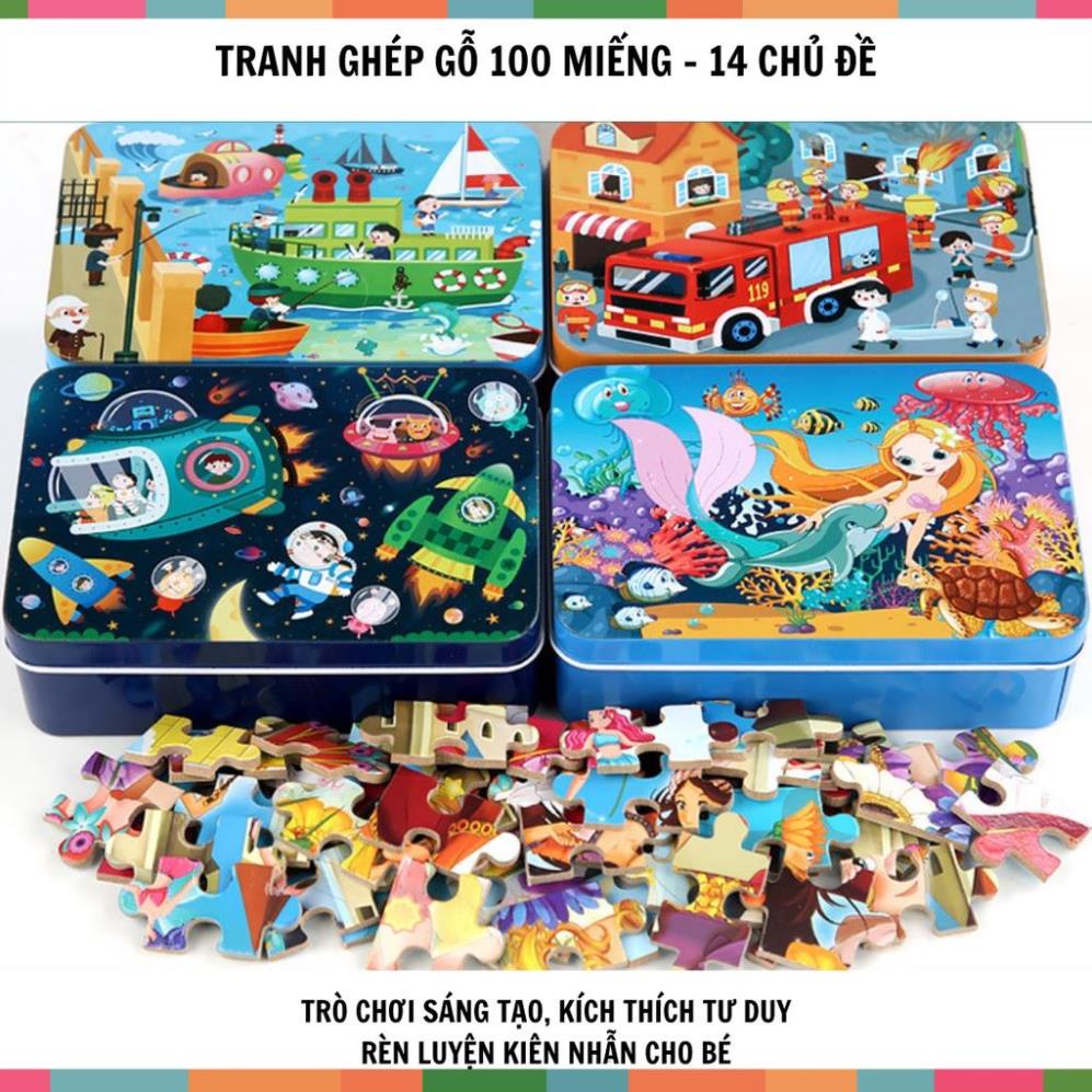 Hỏa tốc-Video Ảnh thật-Tranh ghép Gỗ 100 miếng 14 Chủ đề cho bé luyện tập trung sáng tạo và kiên nhẫn